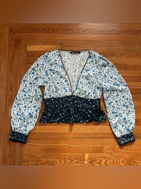Zara Cream Blouse with Blue and Green Floral Print